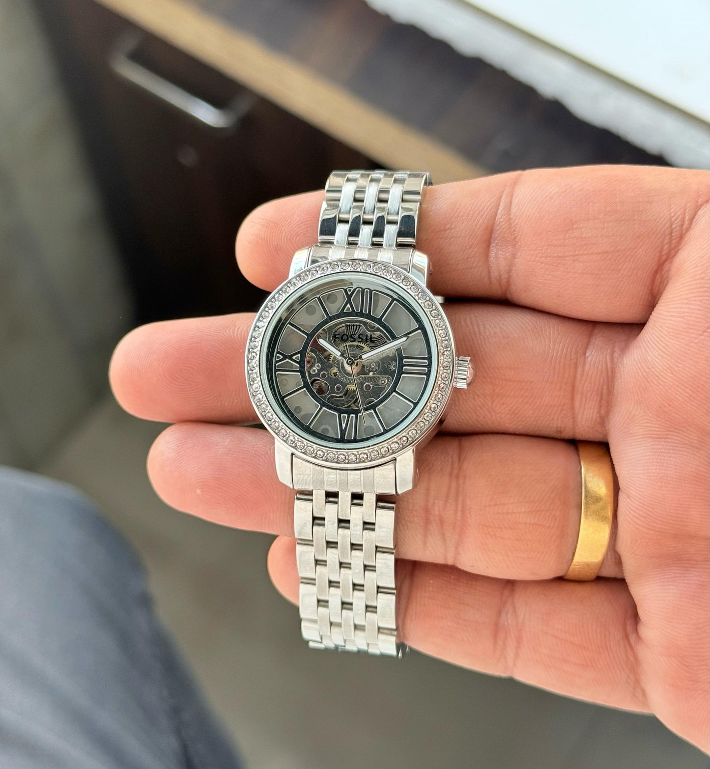 Fossil Skeleton Dial Automatic Watch – Silver Edition
