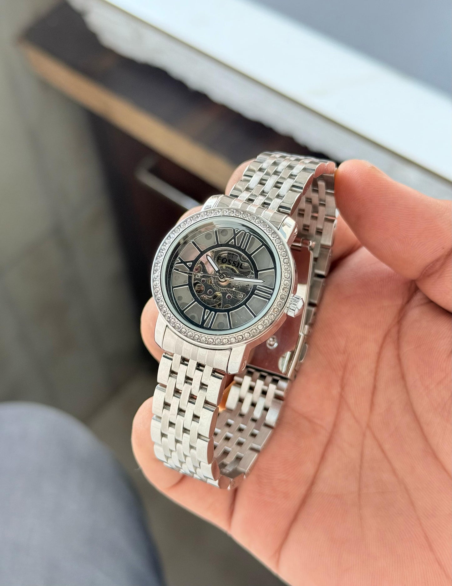 Fossil Skeleton Dial Automatic Watch – Silver Edition